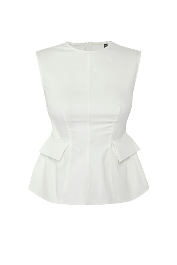 Ekru Pamuklu Gabardin Peplum Cep Detaylı Dokuma Bluz TWOSS25BZ00538 - 7