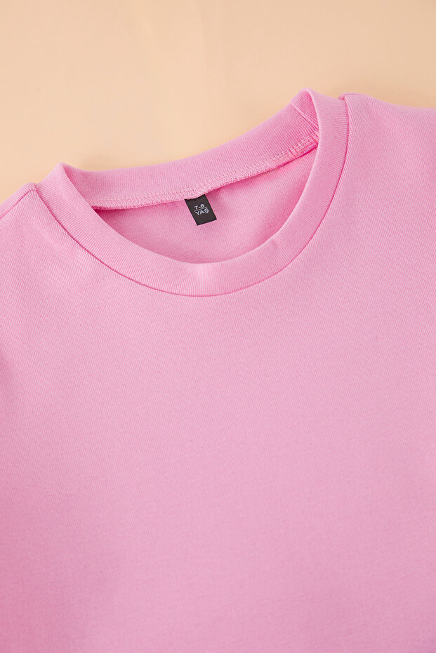 Pembe Kız Çocuk Pamuklu Basic Flare Paça Kısa Kol Esnek Örme Alt-Üst Takım TKDSS25AU00136 - 5