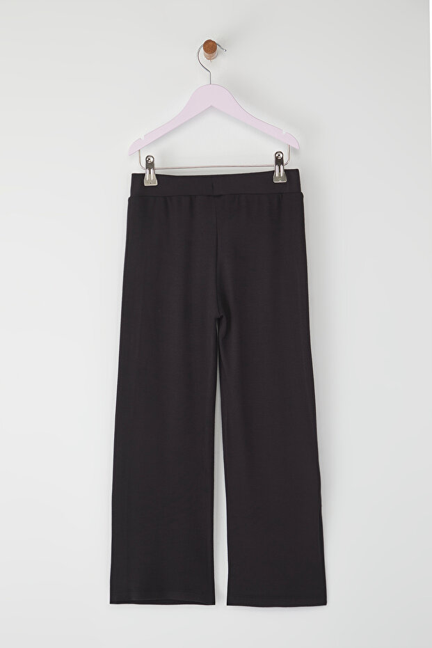 Siyah Pamuklu Kız Çocuk Biye Detaylı Wide Leg Örme Pantolon TKDSS25PL00015 - 6