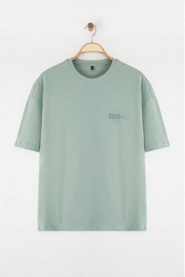 Koyu Mint Oversize %100 Pamuklu Bisiklet Yaka Minimal Yazı Baskılı Tok Kumaş T-shirt TMNSS23TS00084 - 6