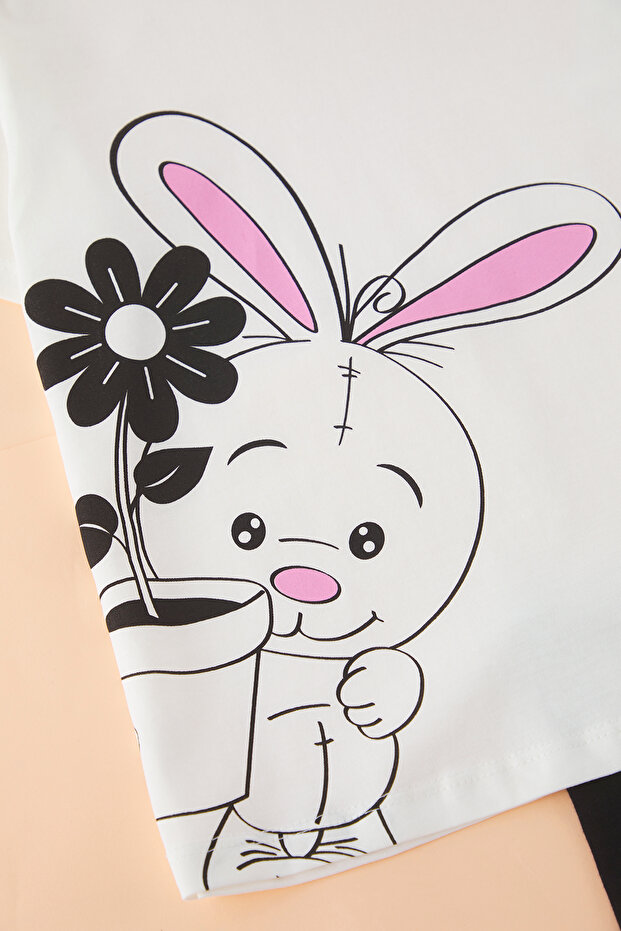 Ekru Pamuklu Baskılı Oversize T-Shirt-Tayt Kısa Kol Kız Çocuk Örme Alt-Üst Takım TKDSS25AU00105 - 3