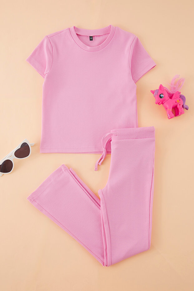 Pembe Kız Çocuk Pamuklu Basic Flare Paça Kısa Kol Esnek Örme Alt-Üst Takım TKDSS25AU00136 - 3