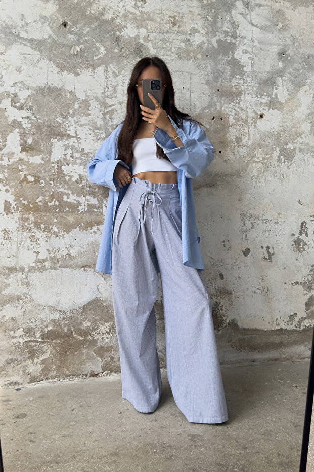 Çok Renkli Çizgili Keten Görünümlü Wide Leg/Geniş Paça Dokuma Pantolon TWOSS25PL00032 Palazzo - 1