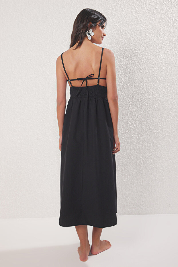 Siyah Dokuma Dantel Maxi Plaj Elbise TBESS25EL00058 - 4