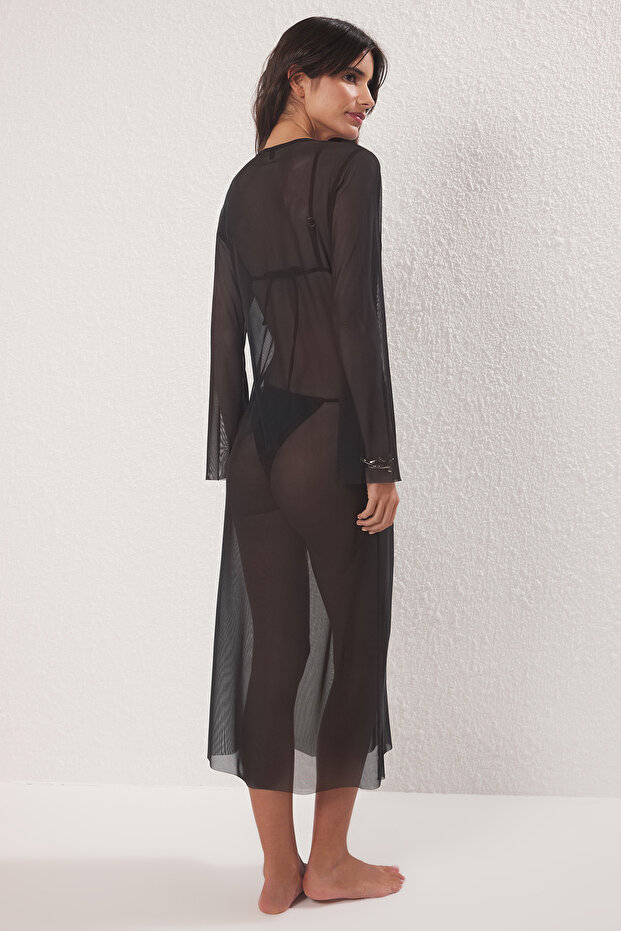 Siyah Örme Cut Out Detaylı Maxi Plaj Elbise TBESS25EL00116 - 4