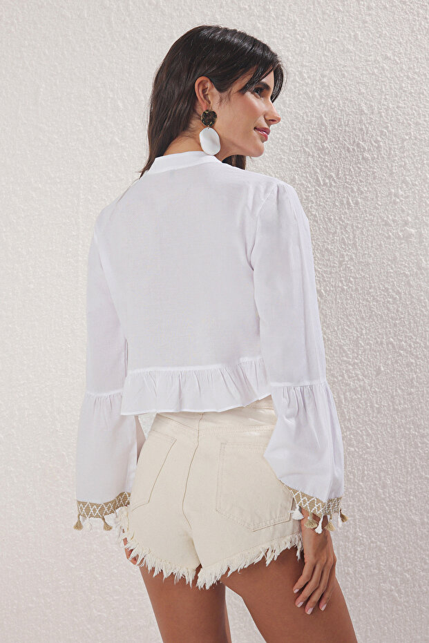 Ekru Dokuma Püskül Plaj Crop Bluz TBESS25BZ00014 - 5