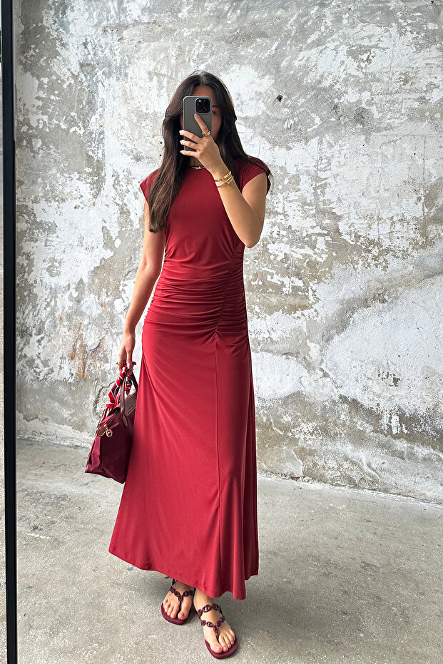 Kiremit Ay Kol Büzgü/Drape Detaylı Vücuda Oturan Esnek Maxi Örme Elbise TWOSS25EL00666 - 1