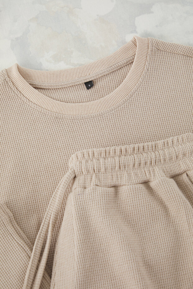 Bej Oversize/Geniş Kesim Dokulu Eşofman Takımı TMNSS25EM00010 - 9