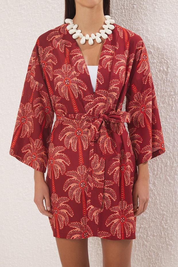Tropikal Desenli Dokuma %100 Pamuk Plaj Mini Kuşaklı Kimono&Kaftan TBESS25KM00029 - 3