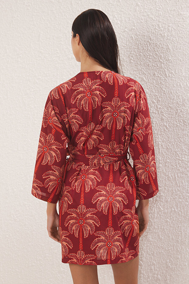 Tropikal Desenli Dokuma %100 Pamuk Plaj Mini Kuşaklı Kimono&Kaftan TBESS25KM00029 - 4