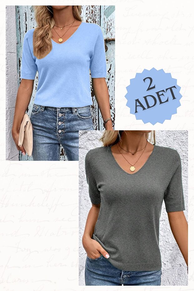 2 Pcs Summer Blouse V-Neck Lycra Short Sleeve Knitwear Blouse Baby Blue-Grey
