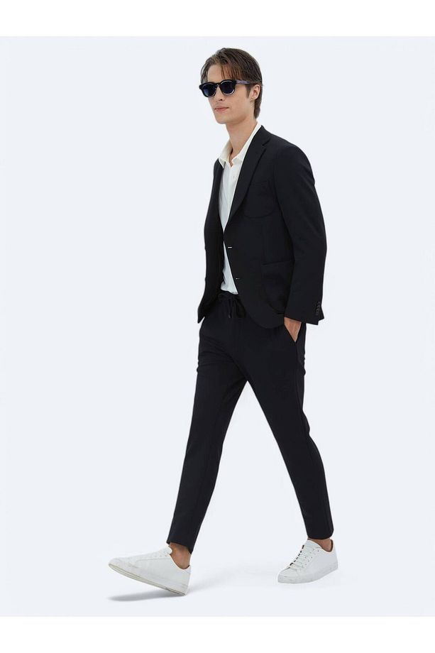 Siyah Düz Fitted Fit Örme Takım Elbise - 3