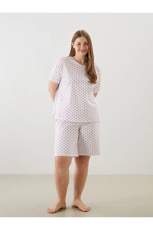 LCW DREAM Ekru Büyük Beden Kalp Baskılı Kadın Şortlu Pijama Takımı - 1