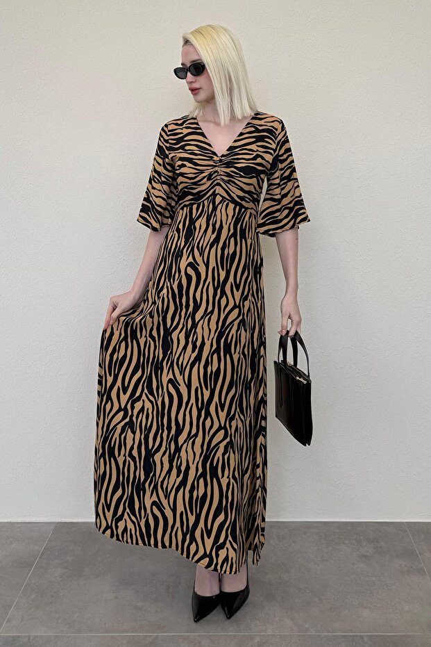 Brown Zebra Print V-Neck Half Sleeve Dress Mg2394