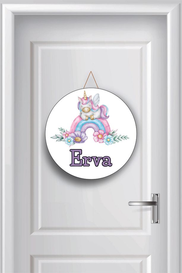 Unicorn Tasarımlı İsme Özel Yuvarlak Ahşap Bebek Kapı Süsü - 1
