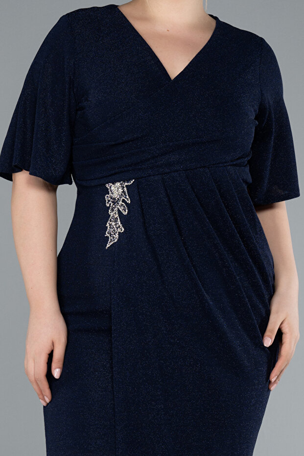 Kısa Kol V Yaka Midi Büyük Beden Davet Elbisesi ABK39931 - 3