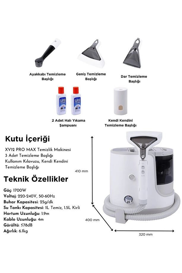 XV12 Pro Max Sıcak Su ve Buharlı Temizlik Makinesi – Koltuk & Halı Temizleme Makinesi - 2