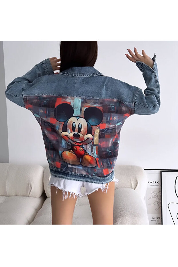 Mickey mouse dijital baskılı kot ceket - 1