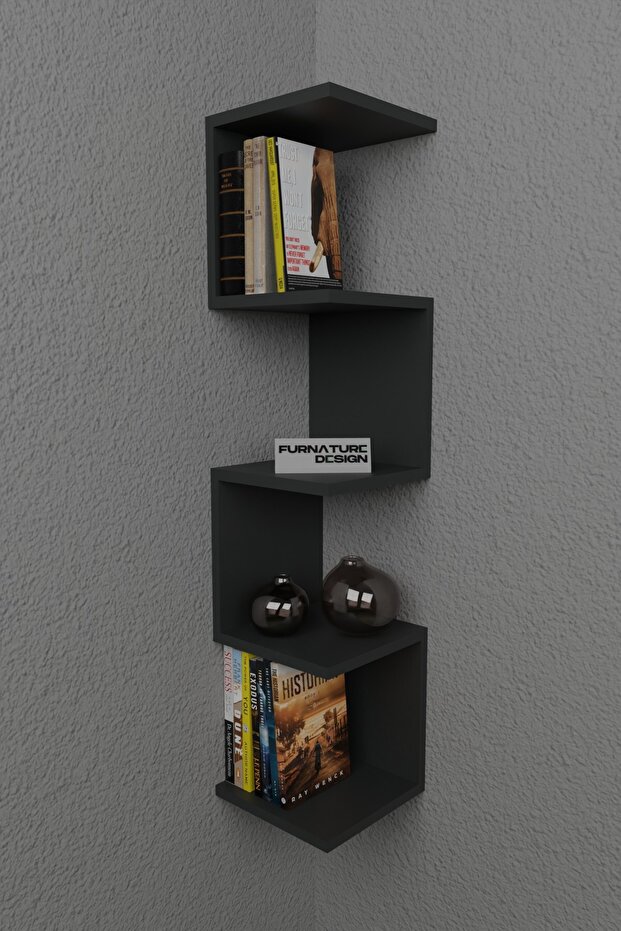 Zigzag Köşe Raf Kitaplık Duvar Rafı Antrasit - 3