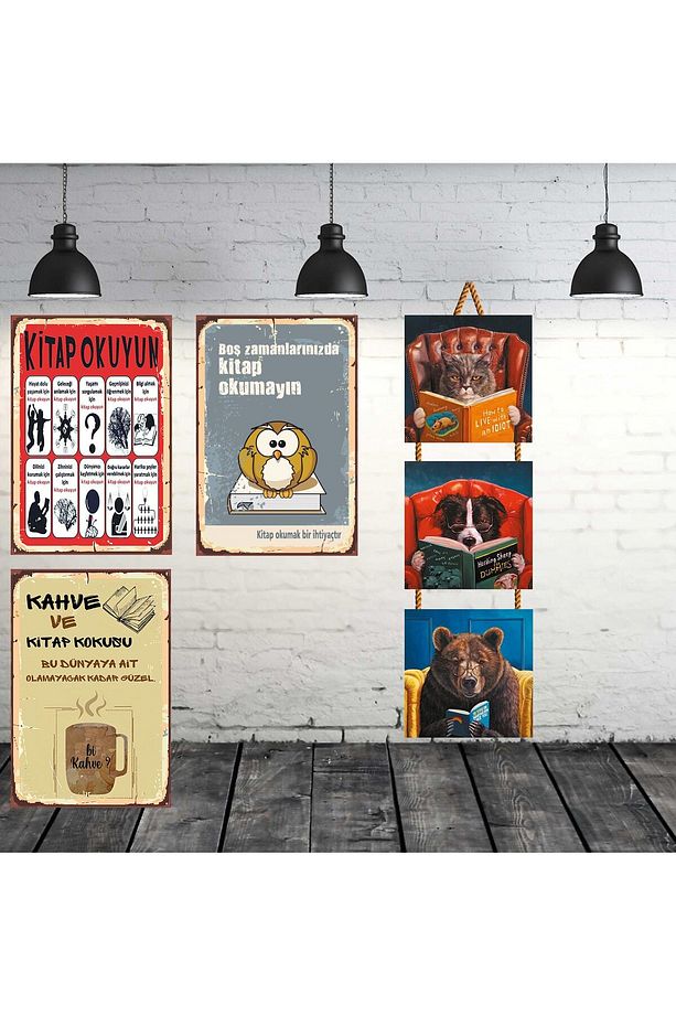 Kitap Okuyun Seti 3 Adet 20x30 Cm 3 Adet 15x15 Cm Retro Ahşap Tablo - 1