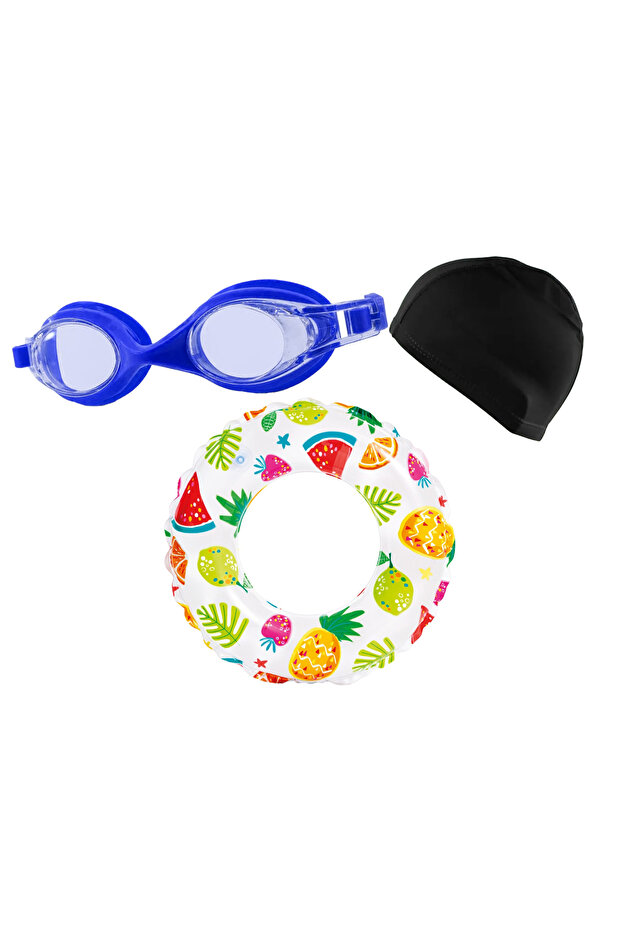 Uv Protection Silicone Strap Swimming Goggles Ear Nose Plug+51 cm Intex Bagel+Bezbone 3-Piece Swimming Set