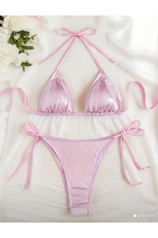 Seksi Polyester Yüksek Esneklikli Düz Renk Kolsuz Bikini Setleri, Konvansiyonel Alt, Örgü Kumaş, - 1