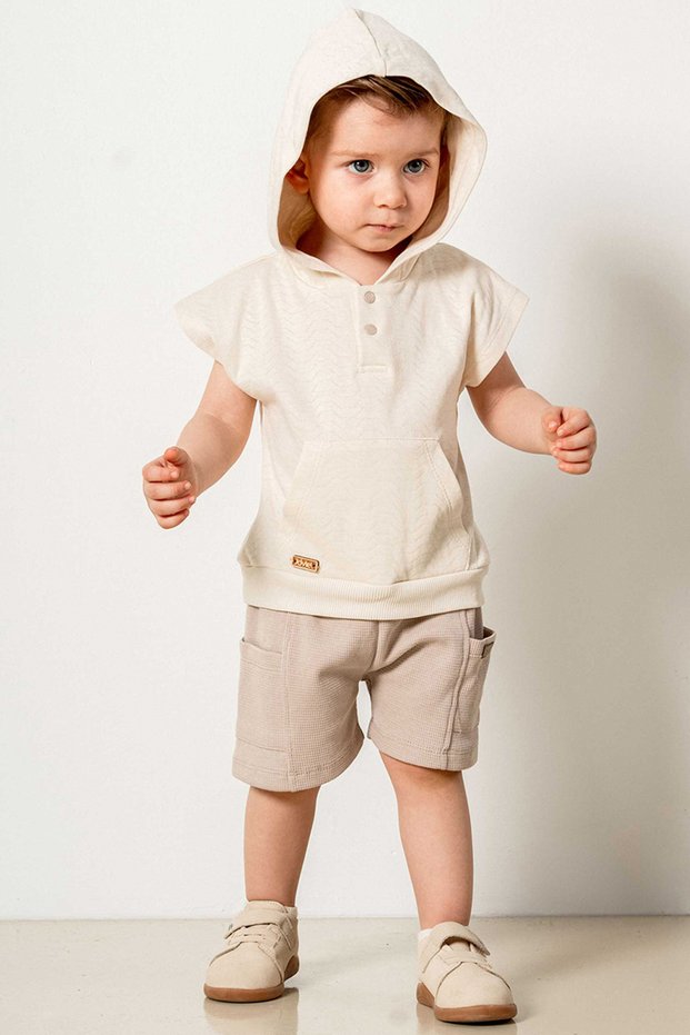 Baby Kids Beige Hooded Shorts Cotton Comfortable 2-Piece Set Trend Fashion Bottom Top Set