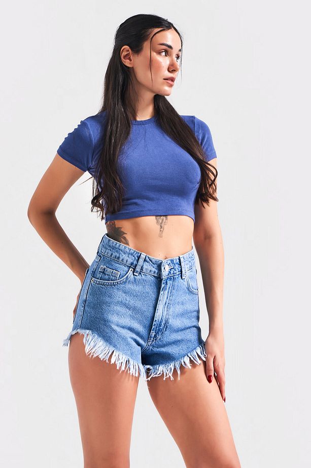 Kadın Mavi Renk Luna Paçası Püsküllü Mini Denim Şort - 7