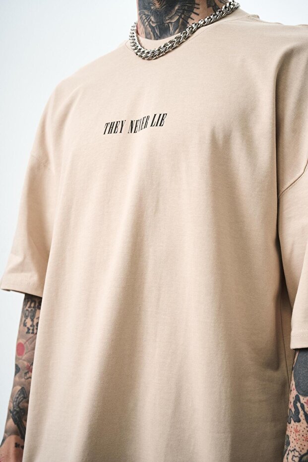 Never Lie Baskılı Tişört Bej - 5