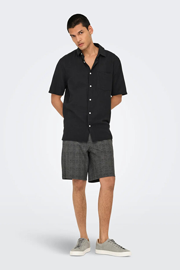 Men's Onscaiden Short Sleeve Single Pocket Linen Shirt 22031805 Black