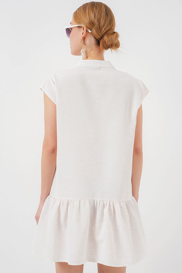 2425 Keten Mini Elbise - Ekru - 5