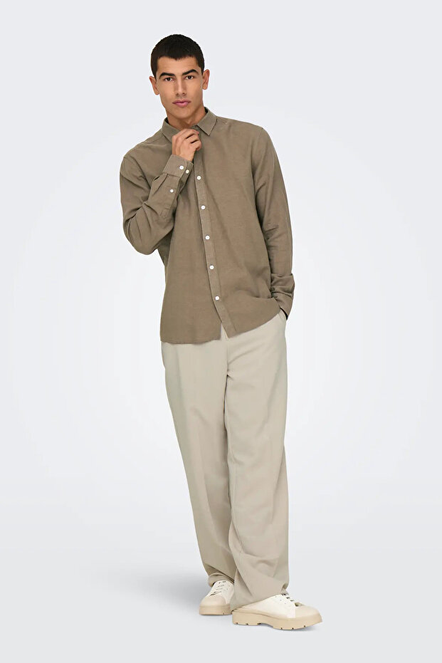 Men's Onscaiden Slim Fit Linen Shirt 22012321 Brown