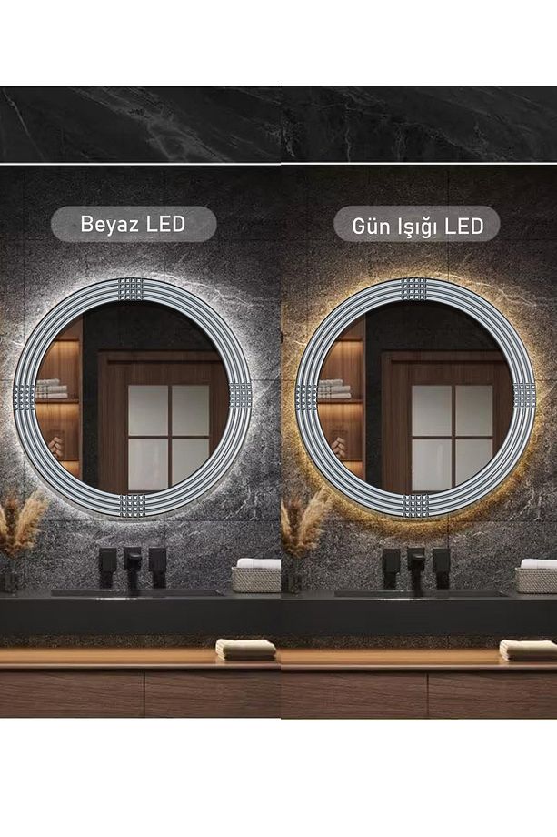 Led'li Işıklı Safir Ahşap Gümüş Dekoratif Ayna Yuvarlak Ayna Işlemeli Duvar Aynası Tekli - 56 Cm - 4