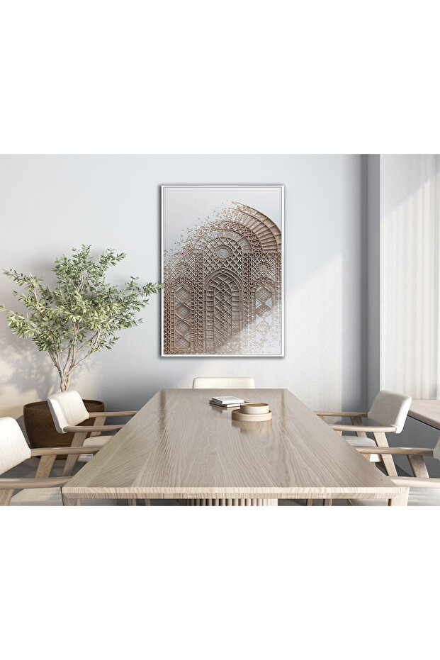 Hari̇kabi̇rev | Soft |   Beige Damask Door Patterned Model | Framed Tempered Glass Table Single Vertical