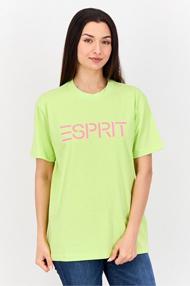 Women Crew Neck Short Sleeves Graphic Print T-Shirt, Lime Green