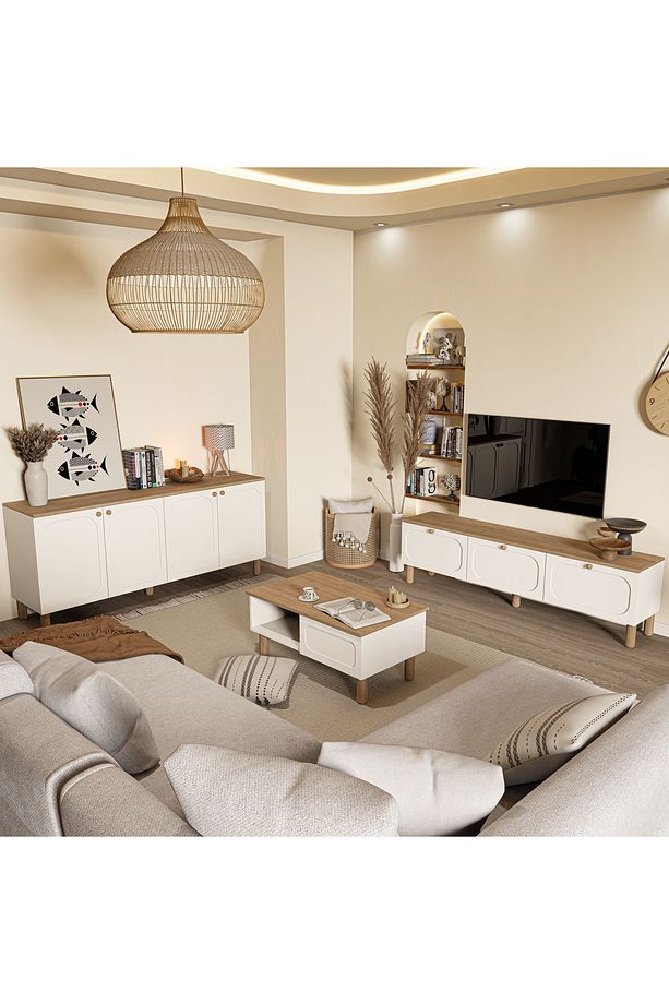 Set 1280-2100-1700 Monza Membran (MDF KAPAKLI) Bohem Tv Ünitesi-orta Sehpa-konsol Seti Sepet-beyaz - 1