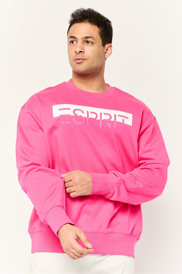 Men Ribbed Collar Long Sleeves Brand Logo Sweatshirts, Dark Pink