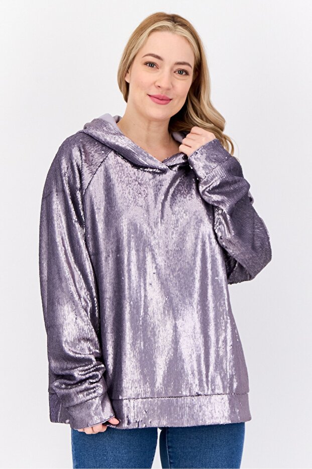 Women Sequined Long Sleeve Hoodie, Purple