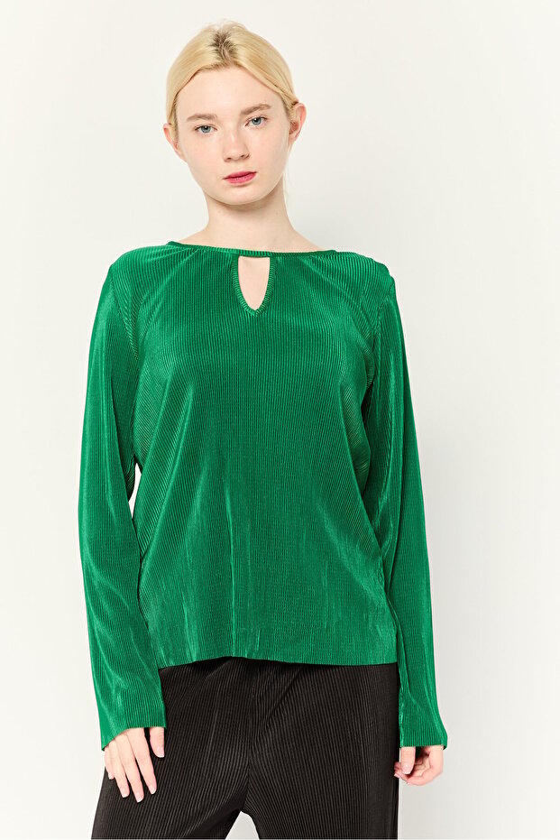 Women Keyhole Neck Stripe Long Sleeve Blouse, Dark Green