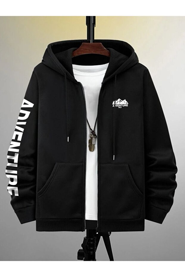 Hooded Unisex ADVENTURE Printed Black Zipper Cardigan