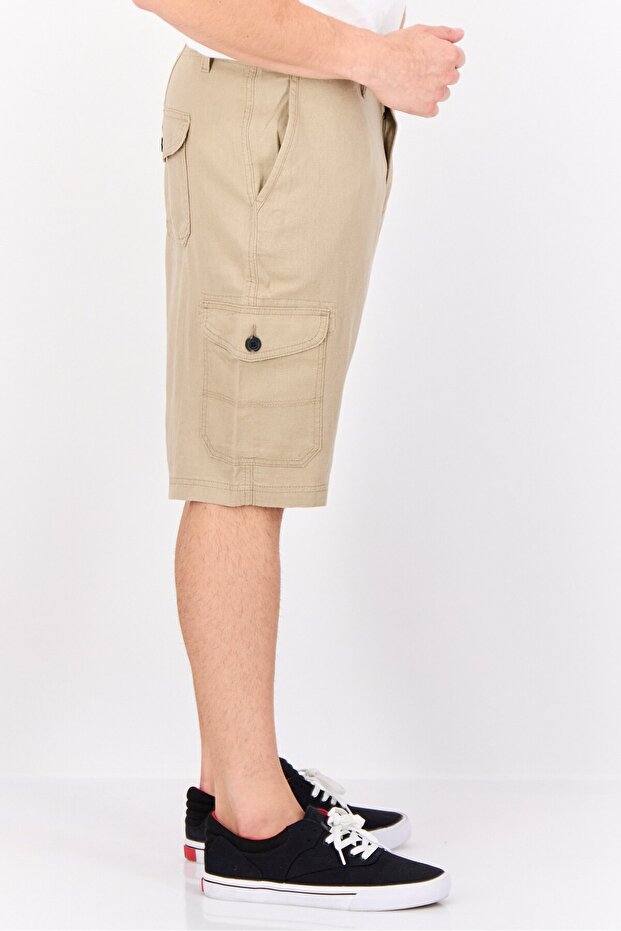 Men Plain Cargo Shorts, Beige - 2