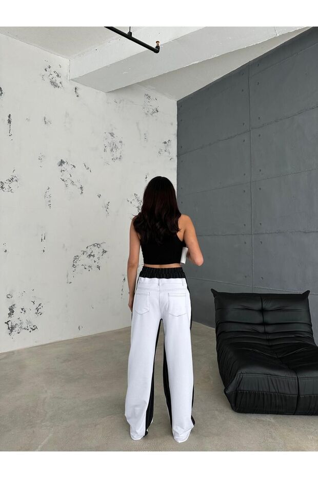 Bílé pytlovité kalhoty - černý detail, proužek, elastický pas - 4