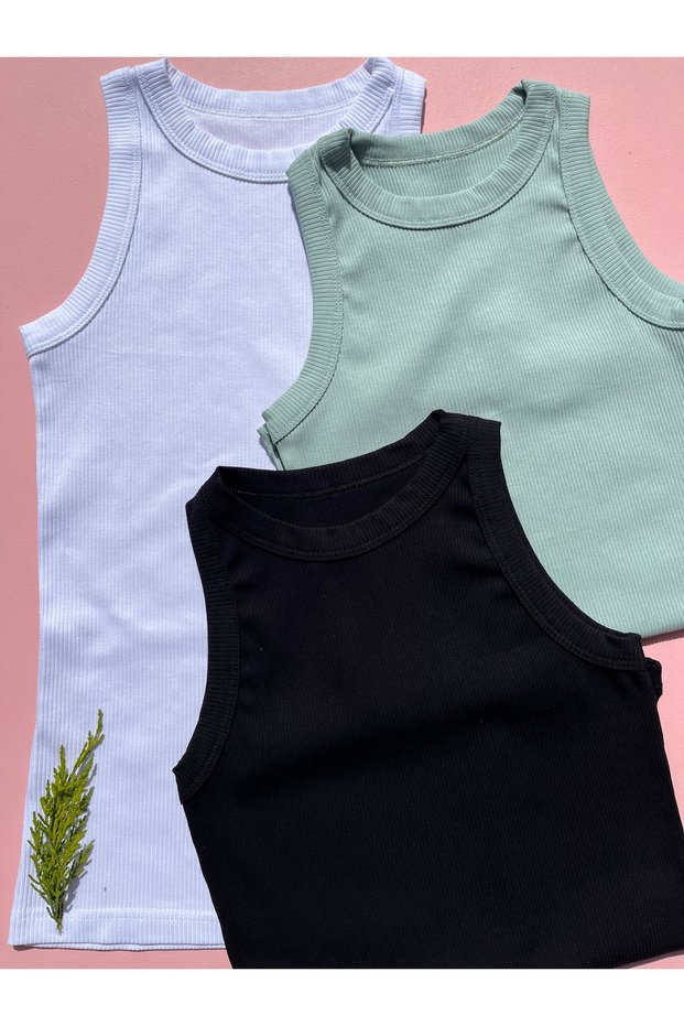 Halter Neck Ribbed Cotton Premium Texture Camisole 3-Piece Black, White, Green Knitted Women's T-Shirt Undershirt