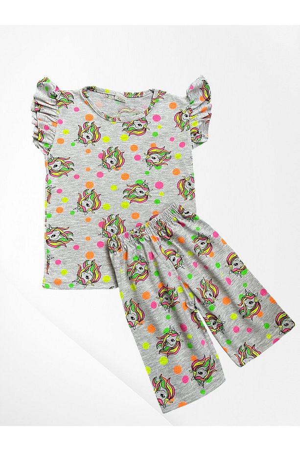 Kız Çocuk Pamuklu Gri Unicorn Desenli Kısa Kollu İnce Şortlu Yazlık Pijama Takımı - 1