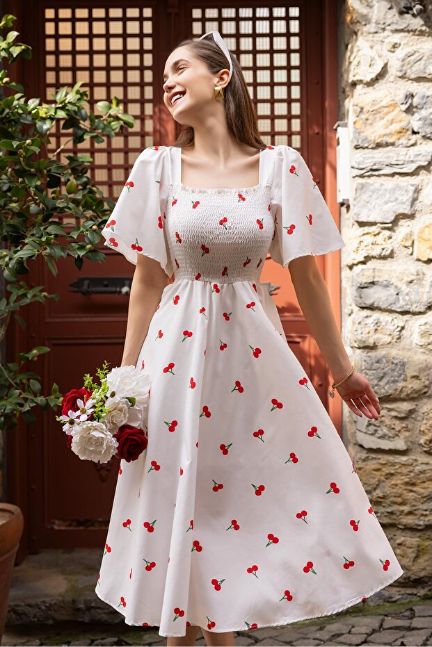 Women's Cherry Patterned Gimped Lined Summer Poplin Midi Dress