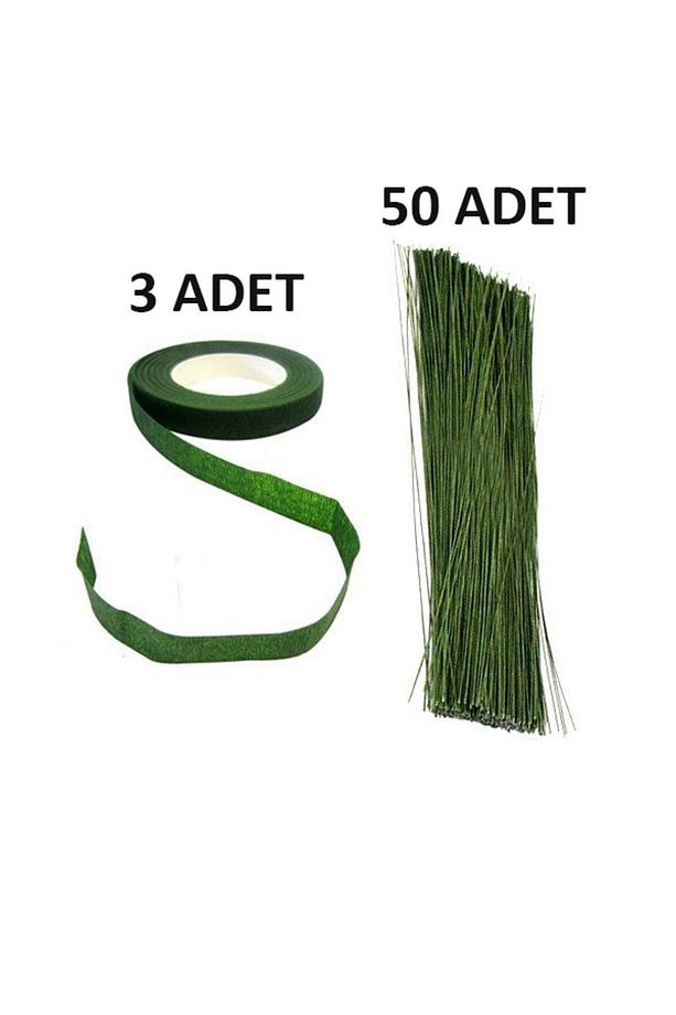 Yapışkanlı Çiçek Bandı ve Çiçek Teli 53Parça Çiçek Sarma Bandı 3 Adet Yeşil Çiçek Teli No:26 50 Adet - 1