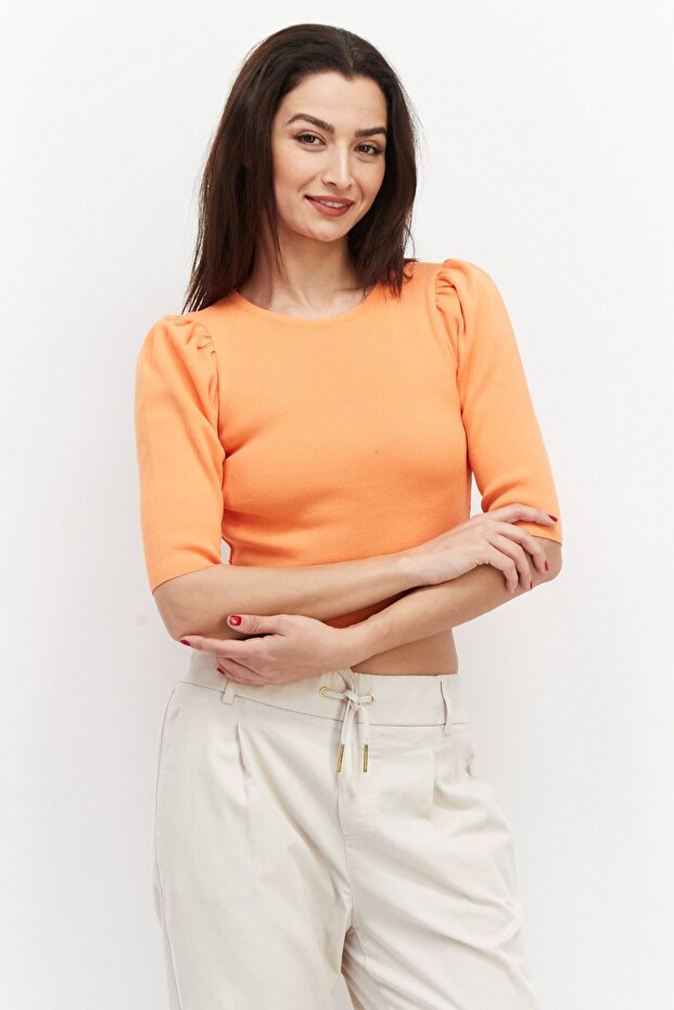 Women Crew Neck Puffed Sleeve Solid Open Back Blouse, Orange