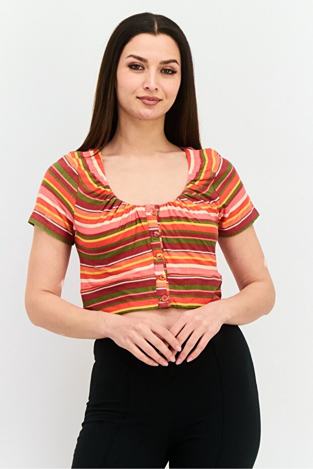 Women Scoop Neck Short Sleeves Stripe Crop Top, Pink