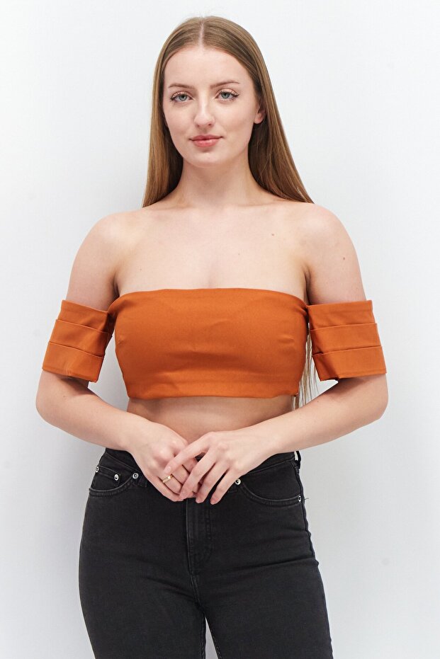 Women Off Shoulder Short Sleeve Solid Crop Top, Rust