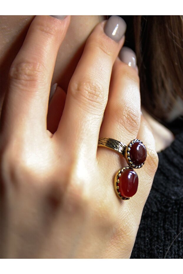 الحجر الطبيعي العقيق الثنائي مع الحجر الطبيعي خاتم المرأة قابل للتعديل euy56a